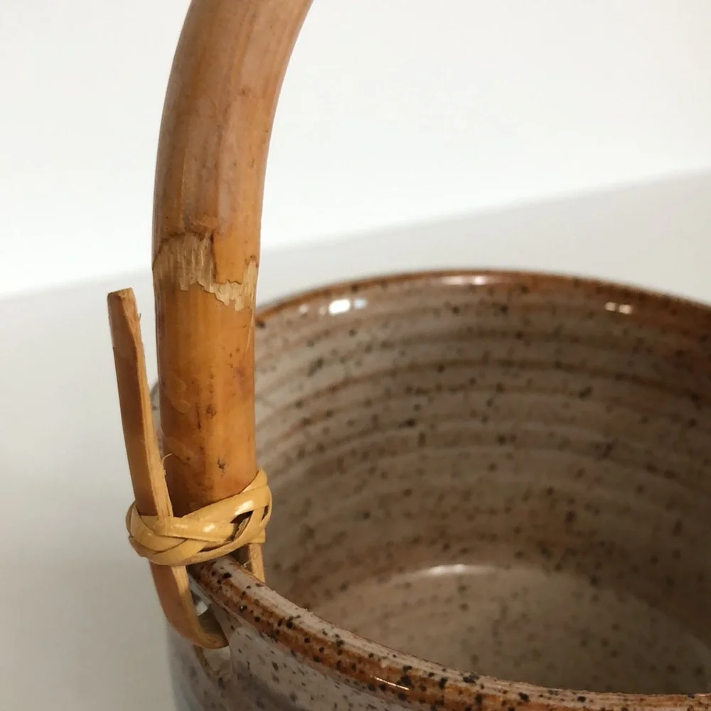 Art Pottery Glazed Basket Style Bowl With Bamboo Handle-Signed